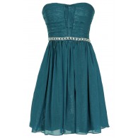 Metallic Shimmer Embellished Strapless Dress in Teal